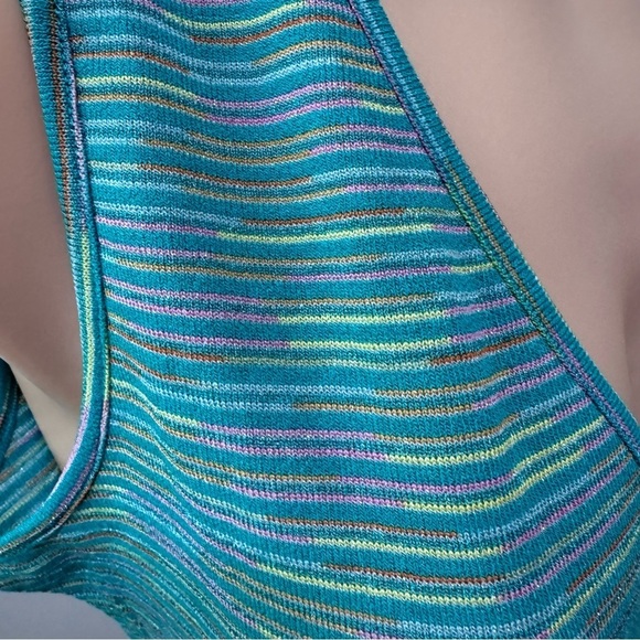 Le Lis Stripe Shimmer Bodysuit Large Blue V-Neck Blue Purple Green NEW - Picture 4 of 4